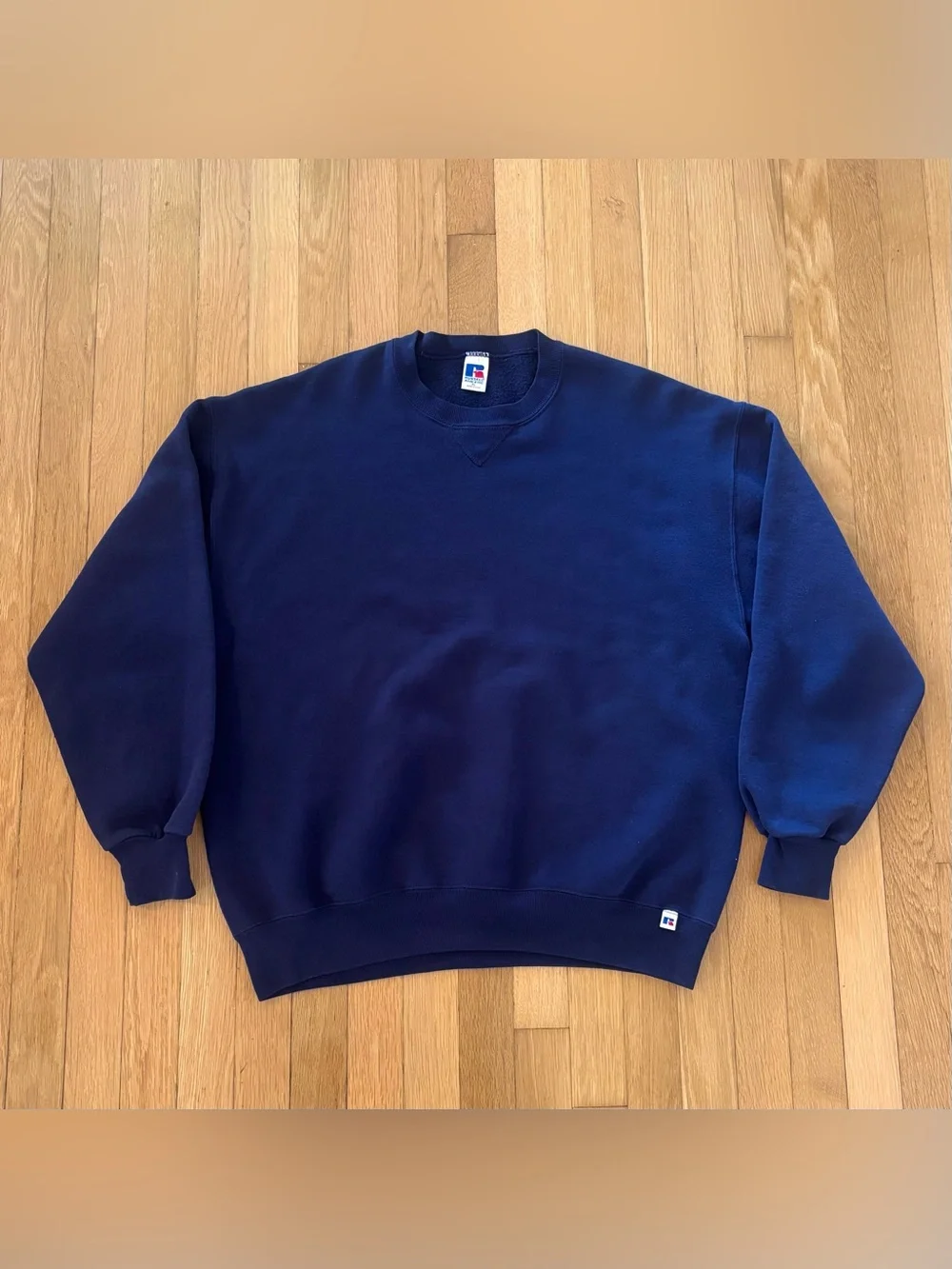 Vintage 90s Russell Athletic Sweatshirt XL Navy Blue V Stitch Blank Made In USA